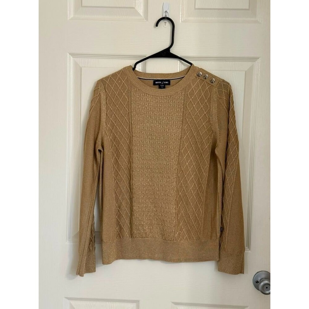 Nautica Jeans Women's Gold Metallic Knit Sweater Button Shoulder Size PL